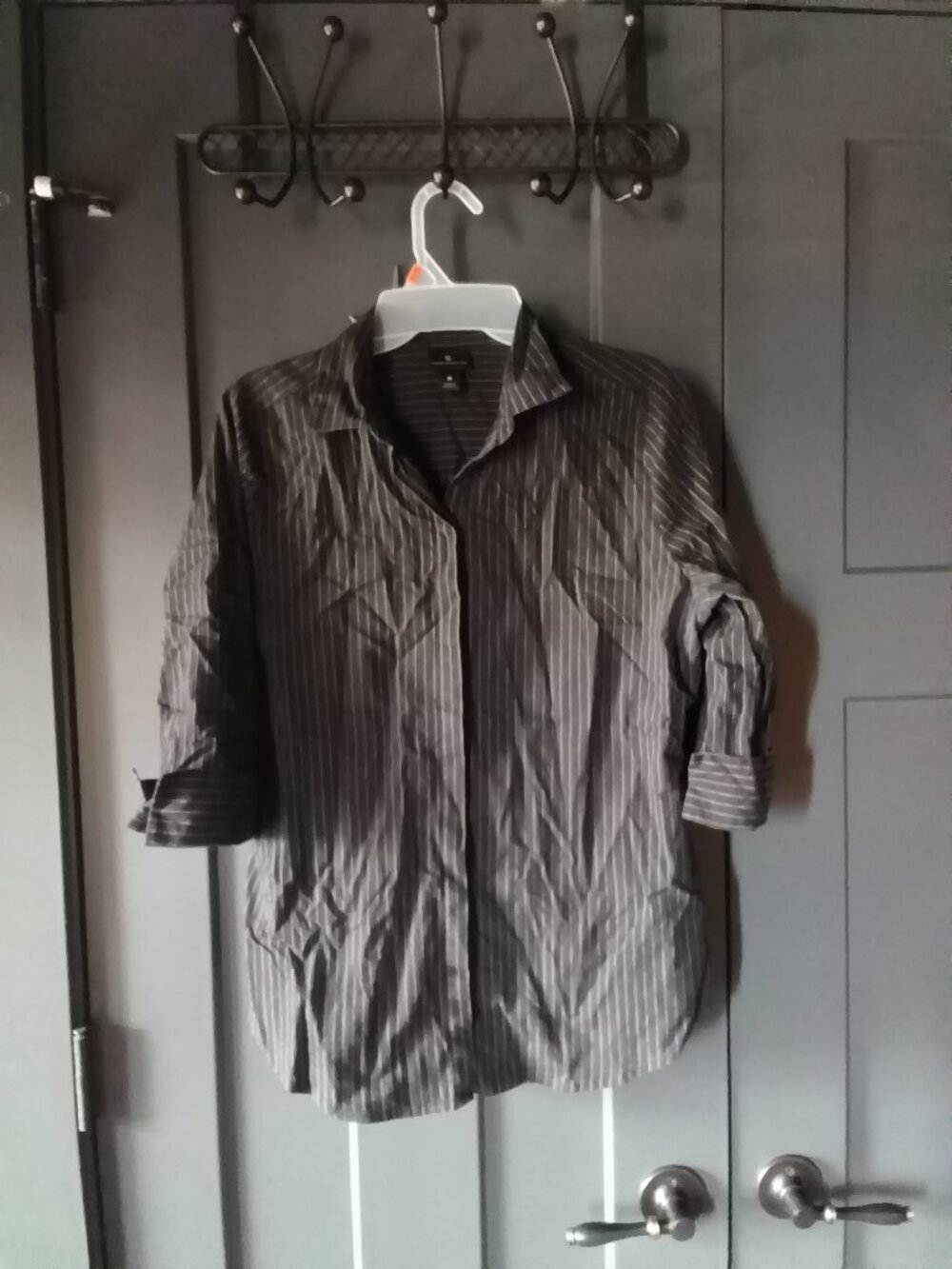 3/4 Sleeve Button Down - Black with white pinstripes